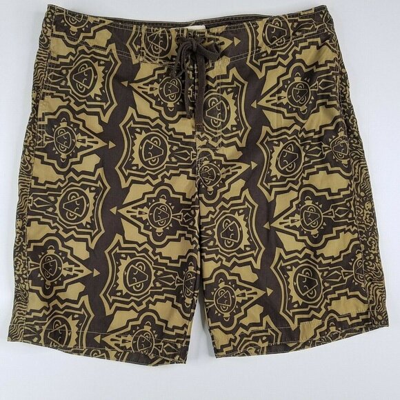 Old Navy Mens Swim Suit Trunks Size Large Brown Gold Tribal Print 11" Inseam New - Picture 1 of 5